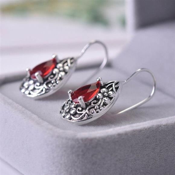 Women's Earring Artificial Red Ruby Drop Earrings 925 Silver Plated Boho Style - Picture 3 of 6